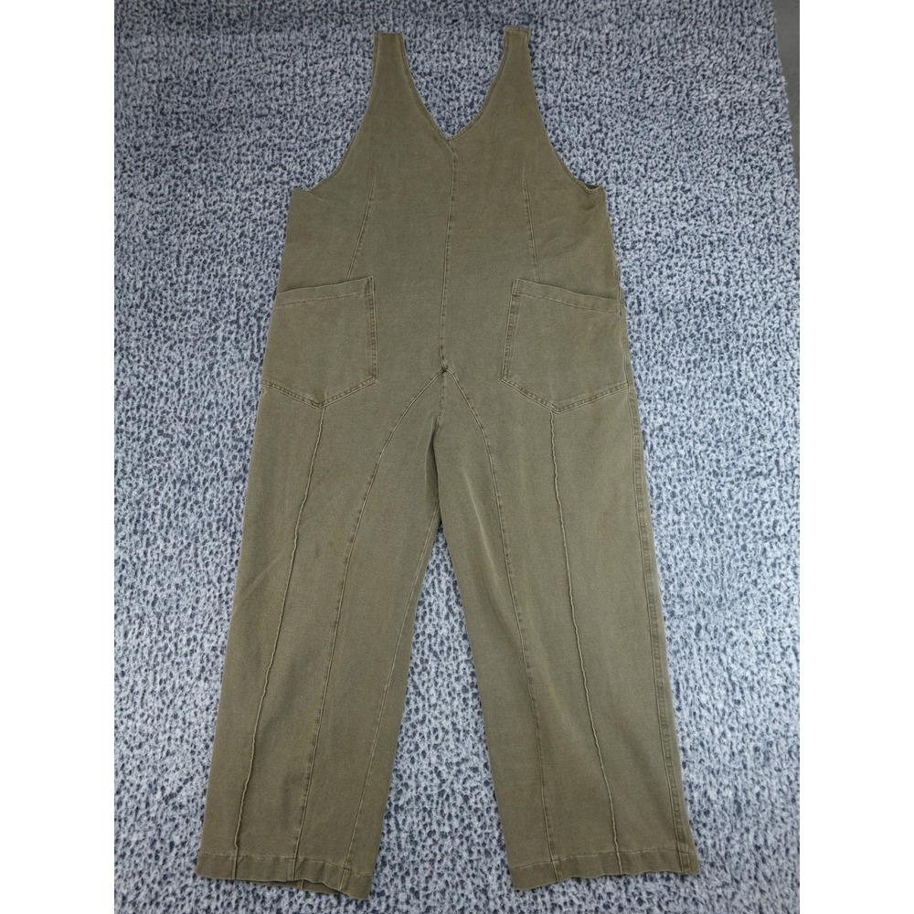 Exlura V-Neck Overalls Women XL Olive Green Wide Leg Exposed Seams‎